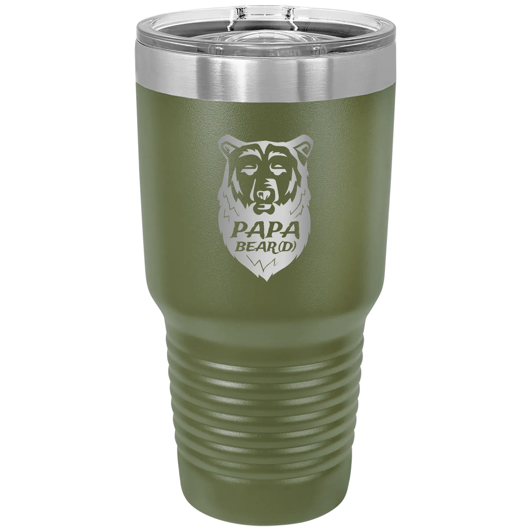 Laser etched olive green 30 oz vacuum insulated tumbler with 'Papa Beard' design