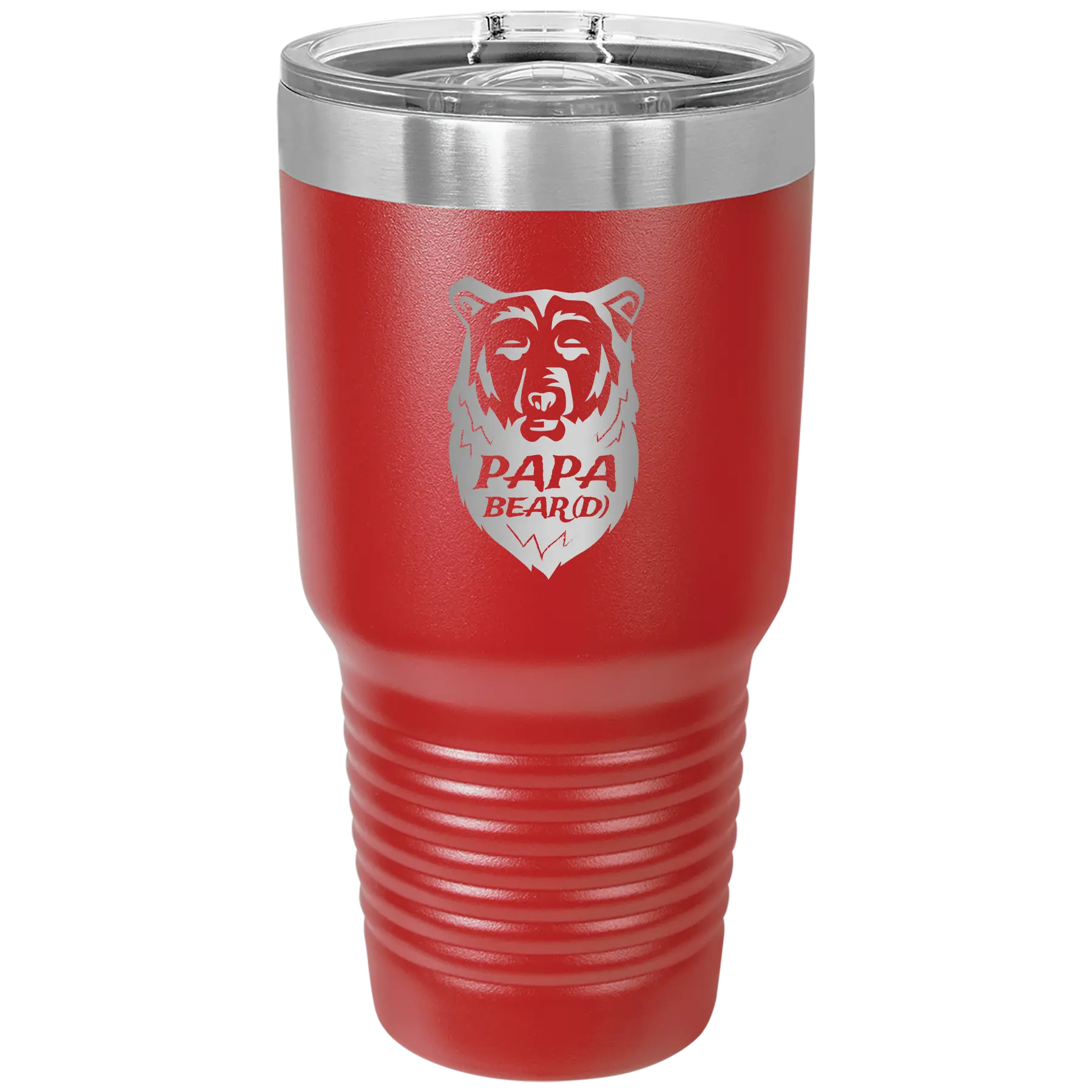 Laser etched red 30 oz vacuum insulated tumbler with 'Papa Beard' design