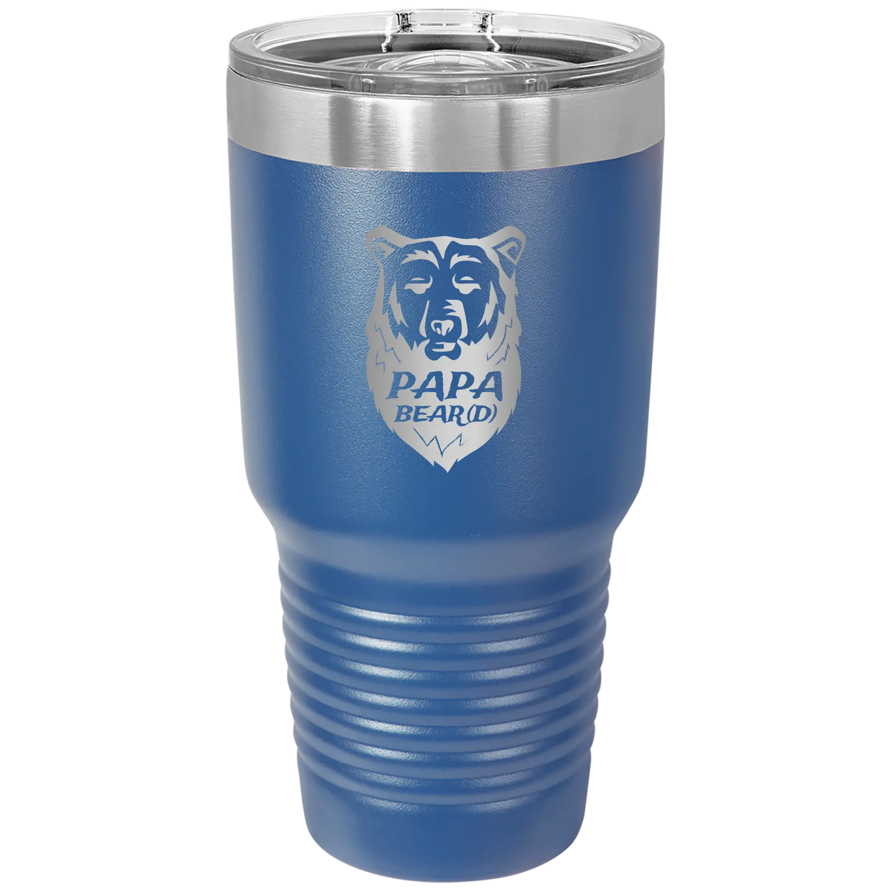 Laser etched royal blue 30 oz vacuum insulated tumbler with 'Papa Beard' design