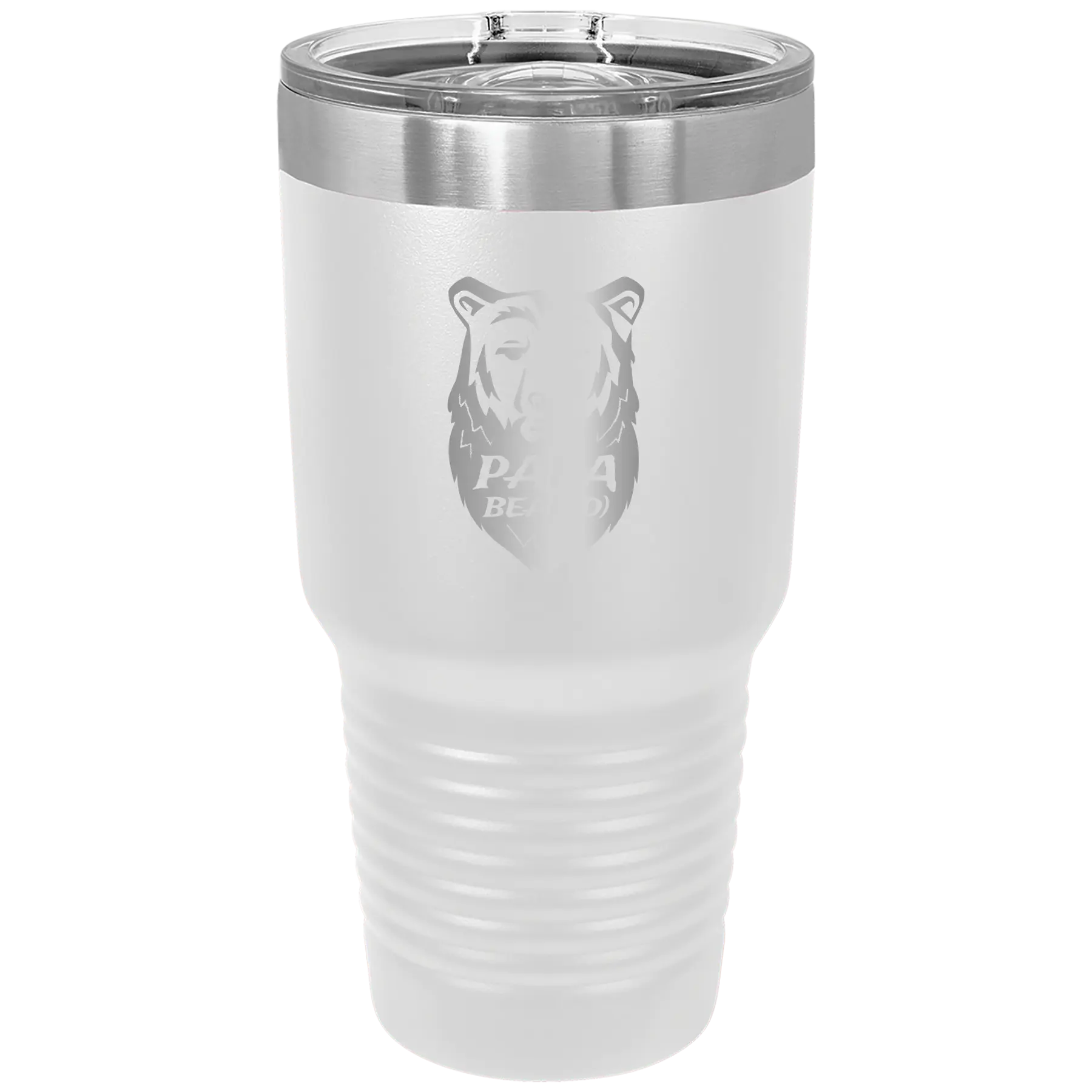 Laser etched white 30 oz vacuum insulated tumbler with 'Papa Beard' design