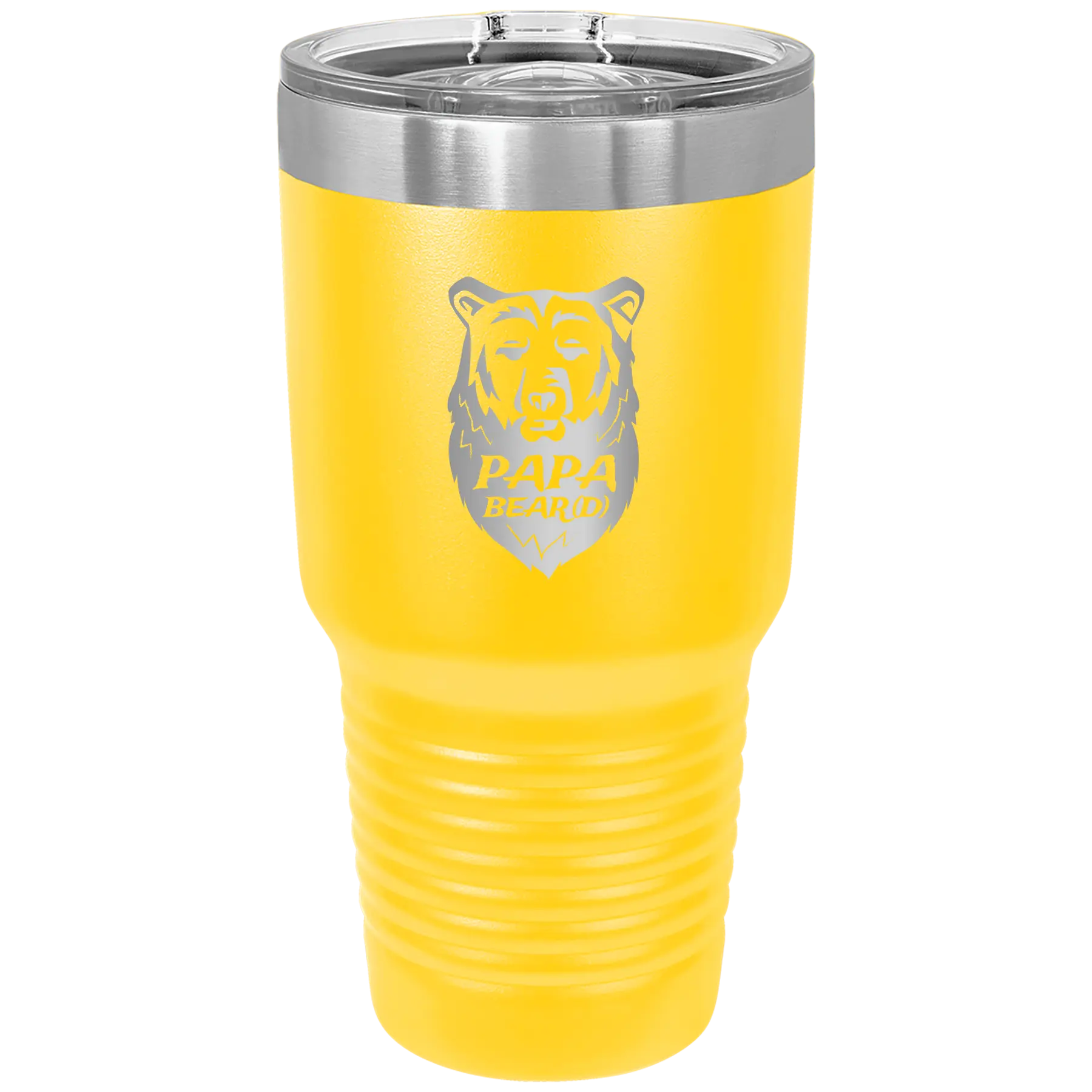 Laser etched yellow 30 oz vacuum insulated tumbler with 'Papa Beard' design