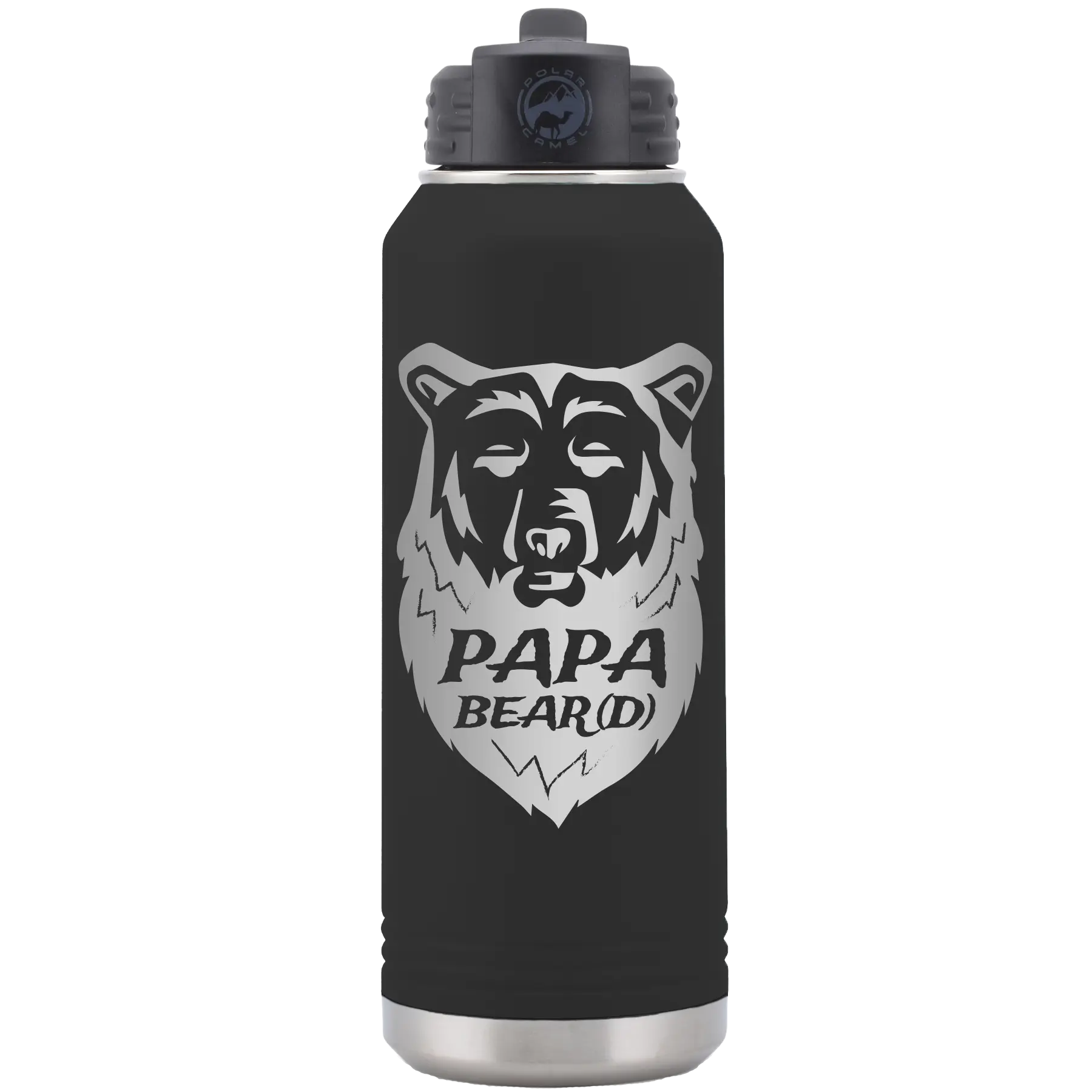 Laser etched black 32 oz vacuum insulated water bottle with 'Papa Beard' design