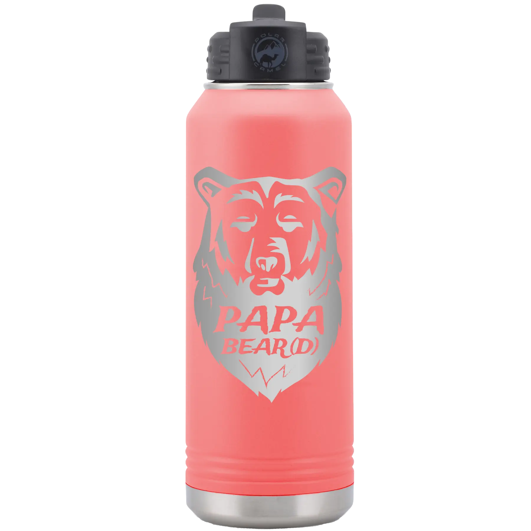 Laser etched coral 32 oz vacuum insulated water bottle with 'Papa Beard' design