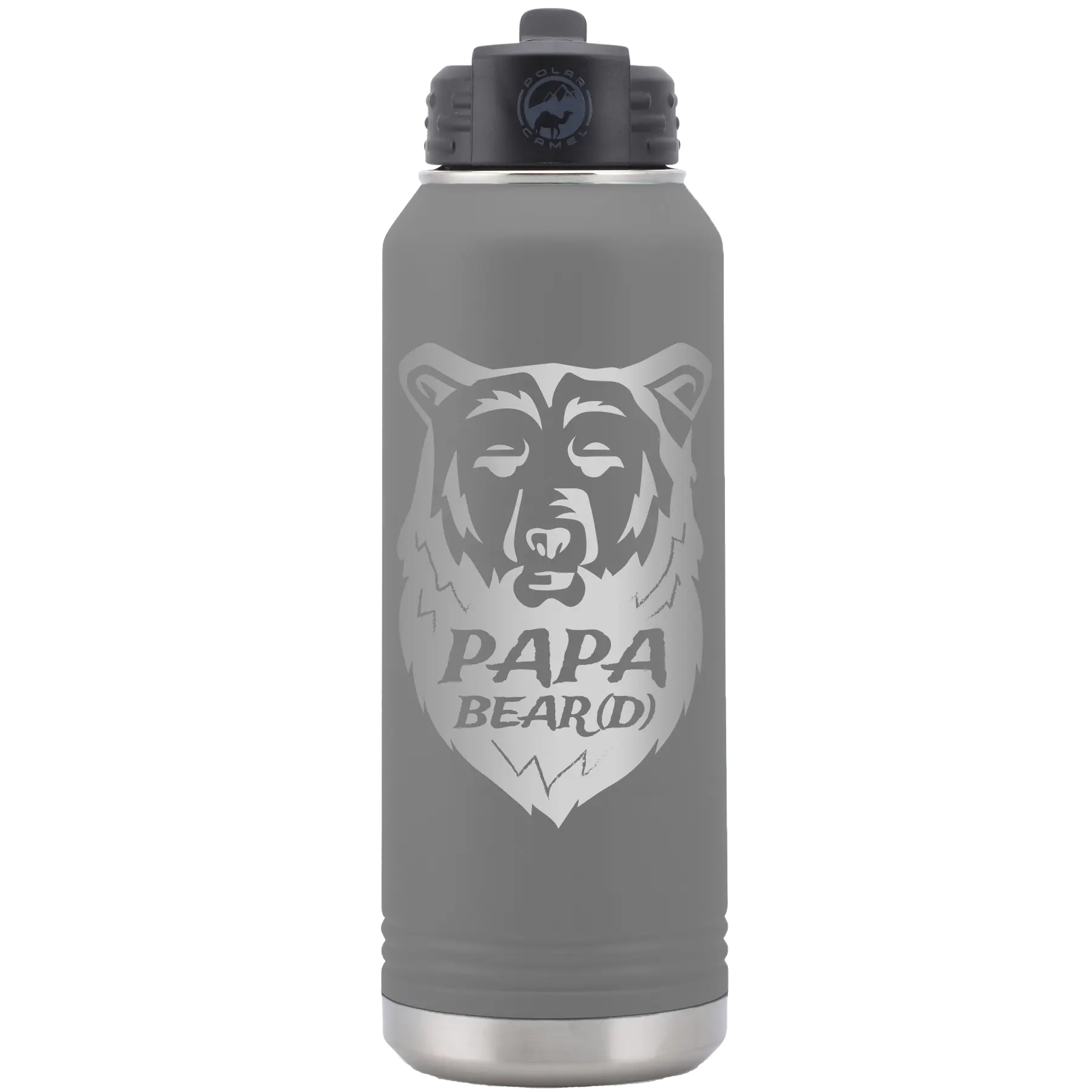 Laser etched dark gray 32 oz vacuum insulated water bottle with 'Papa Beard' design