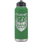 Laser etched green 32 oz vacuum insulated water bottle with 'Papa Beard' design