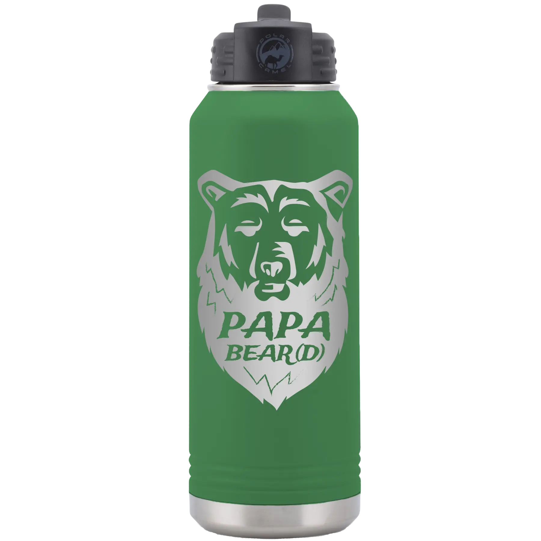 Laser etched green 32 oz vacuum insulated water bottle with 'Papa Beard' design