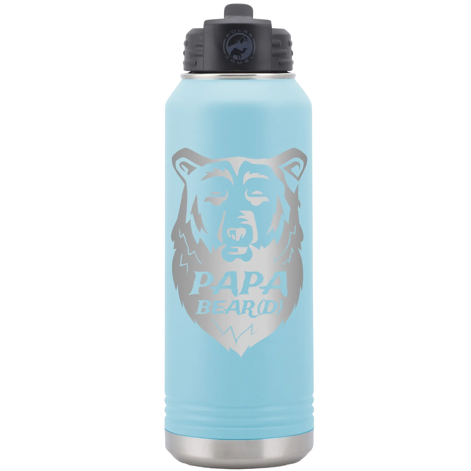 Laser etched light blue 32 oz vacuum insulated water bottle with 'Papa Beard' design