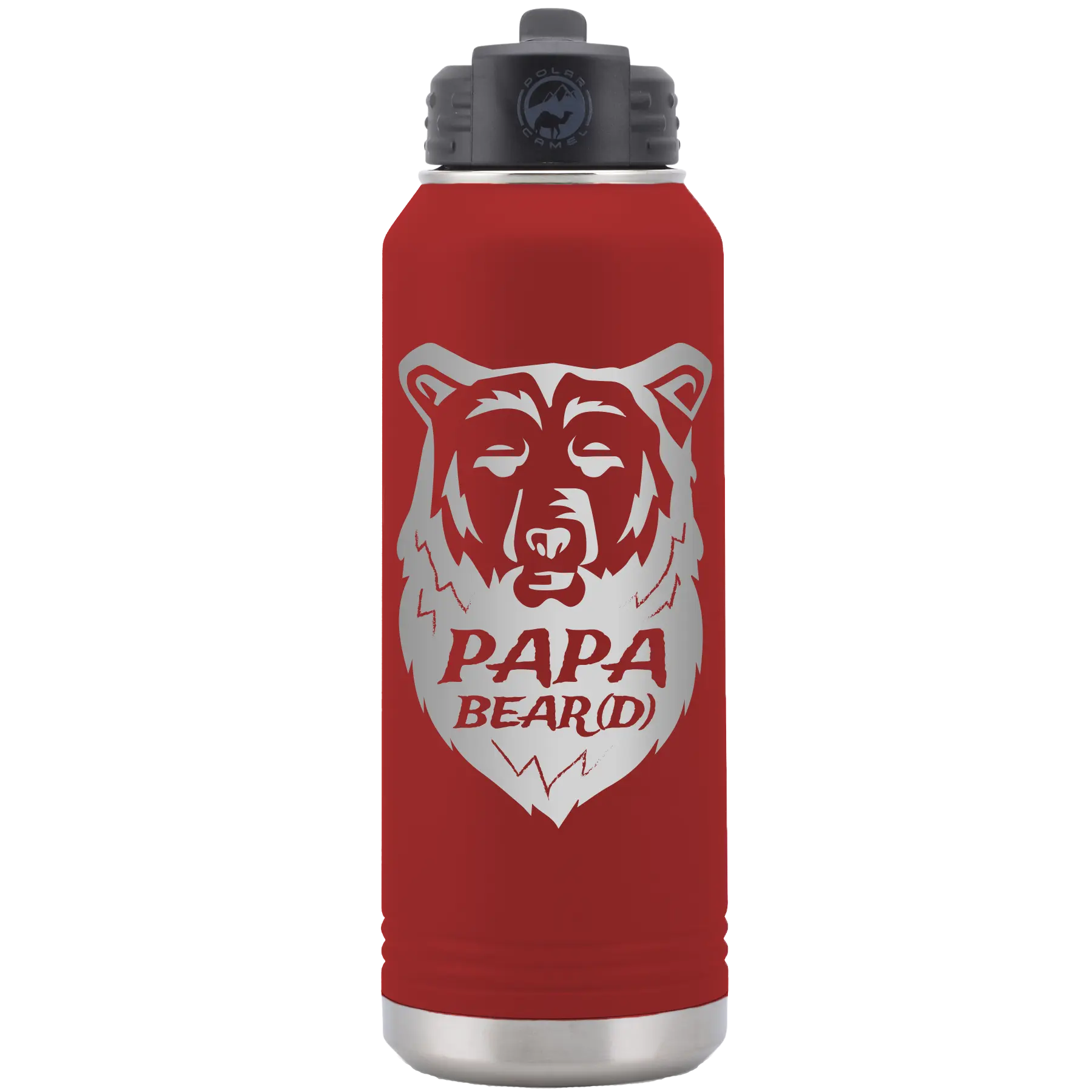 Laser etched maroon 32 oz vacuum insulated water bottle with 'Papa Beard' design
