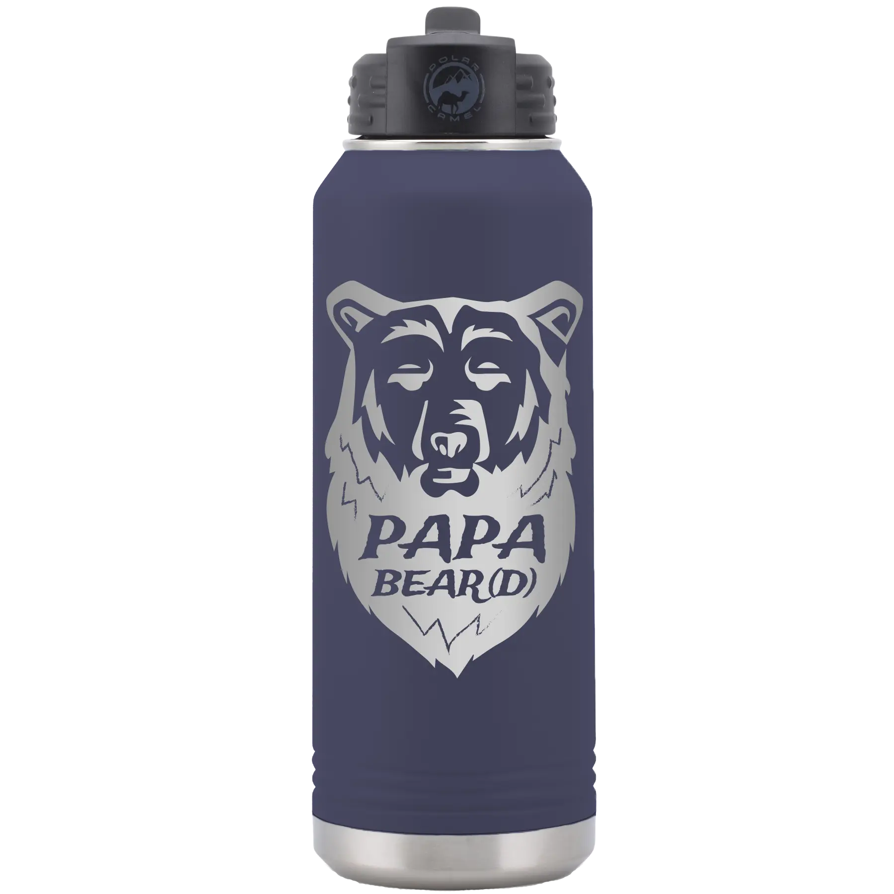Laser etched navy 32 oz vacuum insulated water bottle with 'Papa Beard' design