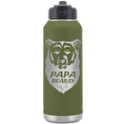 Laser etched olive green 32 oz vacuum insulated water bottle with 'Papa Beard' design