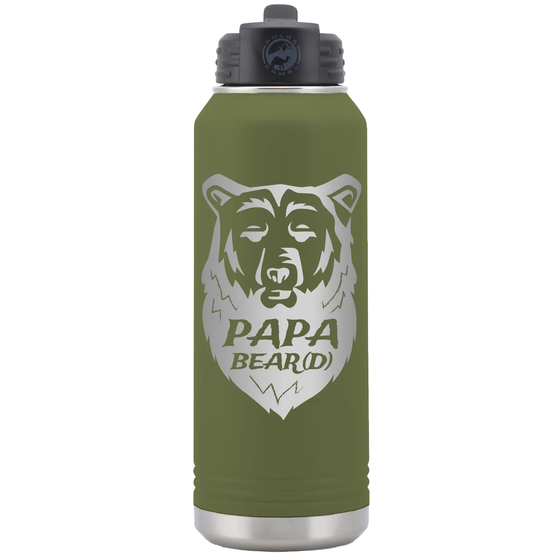 Laser etched olive green 32 oz vacuum insulated water bottle with 'Papa Beard' design