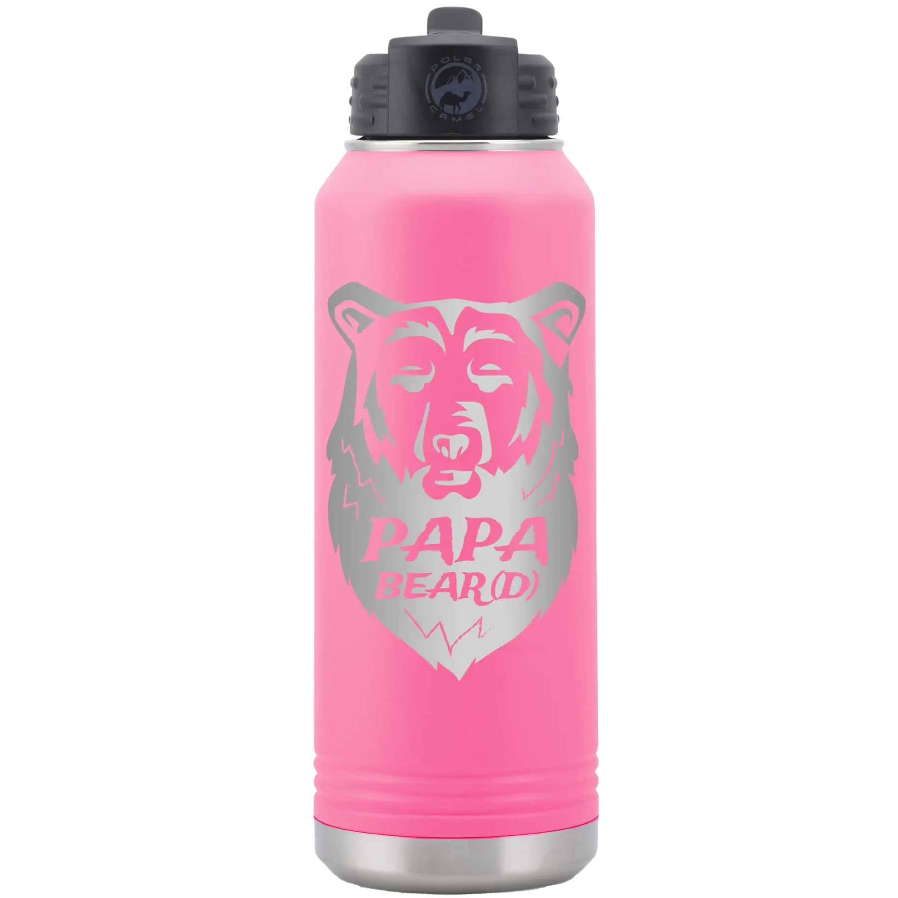 Laser etched pink 32 oz vacuum insulated water bottle with 'Papa Beard' design