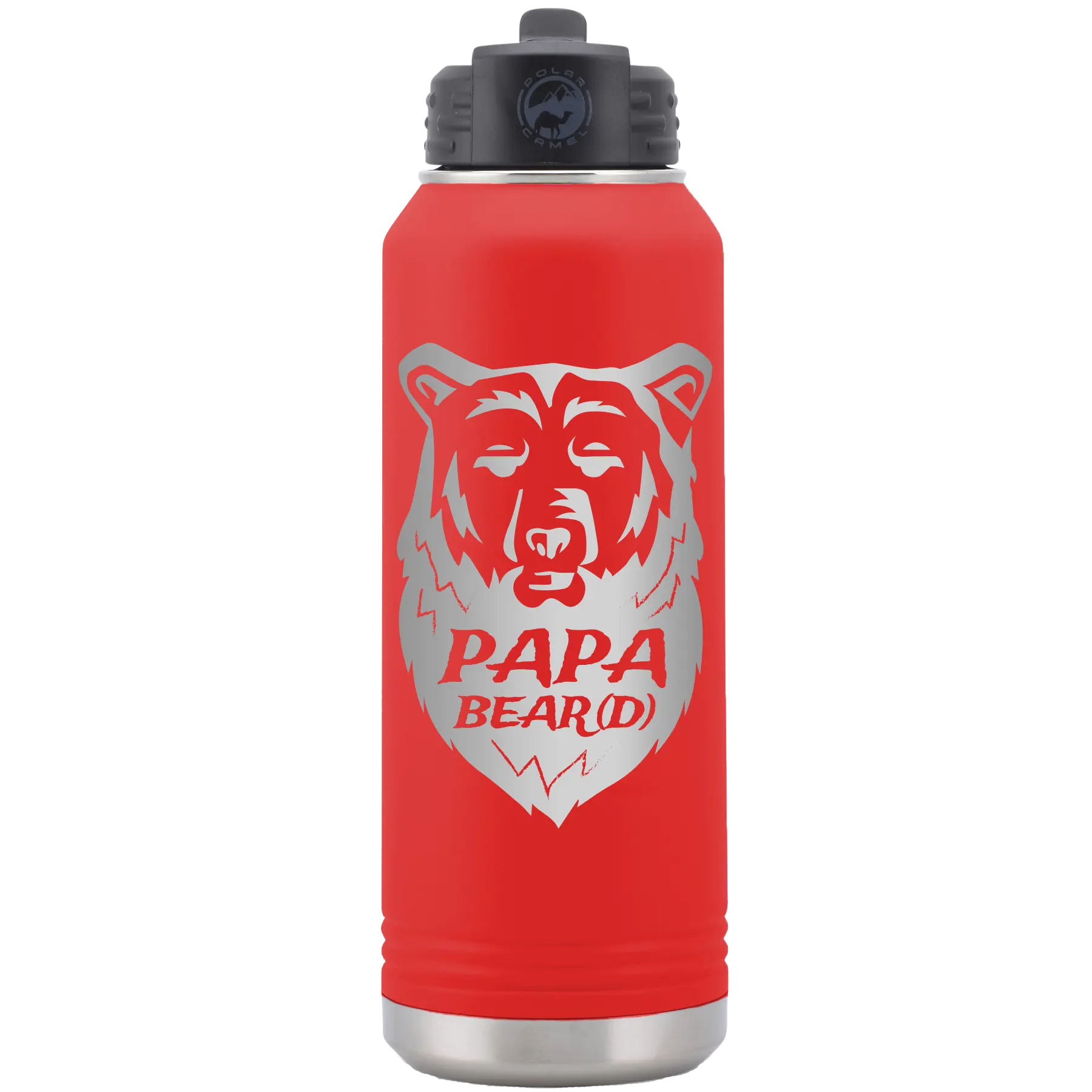 Laser etched red 32 oz vacuum insulated water bottle with 'Papa Beard' design