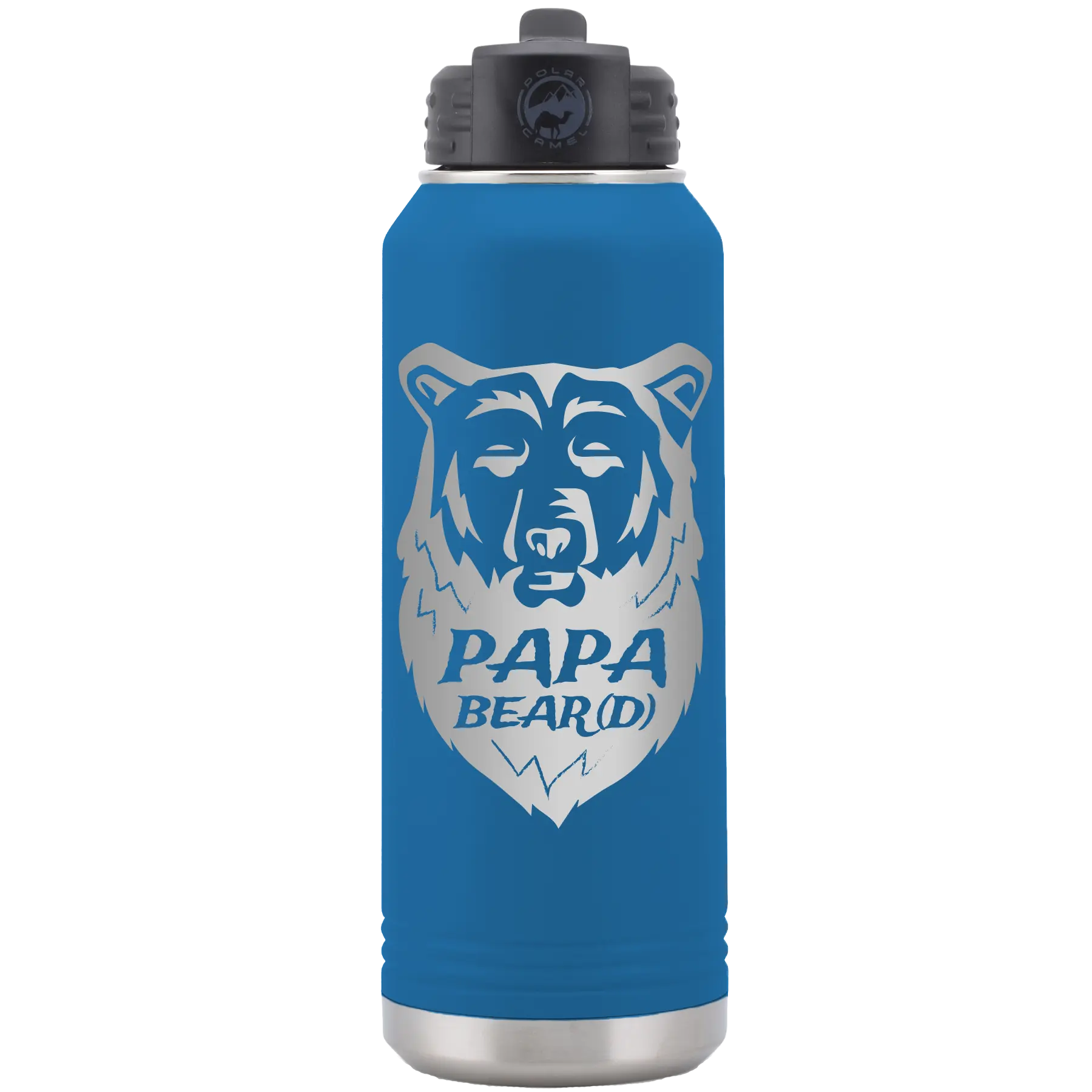 Laser etched royal blue 32 oz vacuum insulated water bottle with 'Papa Beard' design