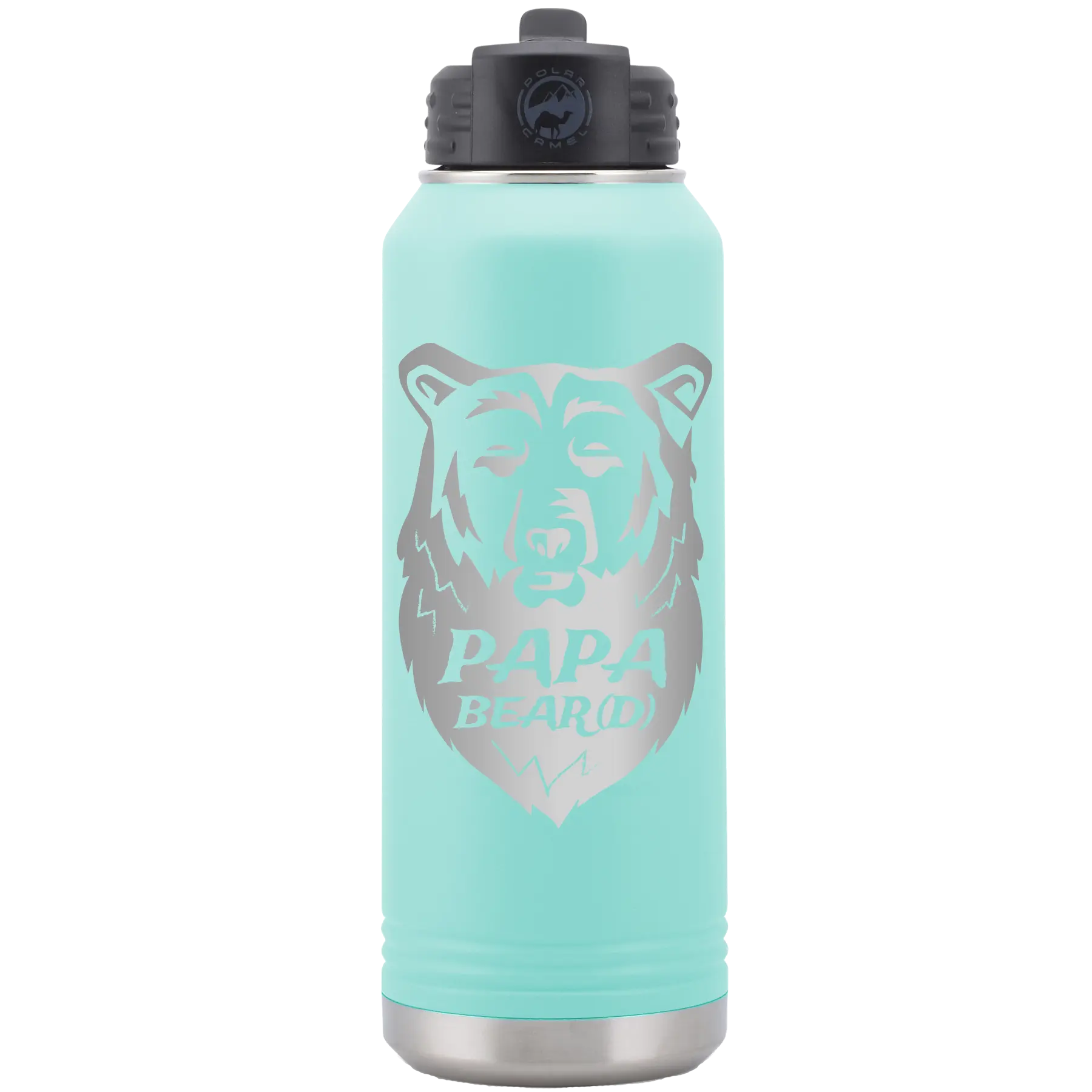 Laser etched teal 32 oz vacuum insulated water bottle with 'Papa Beard' design