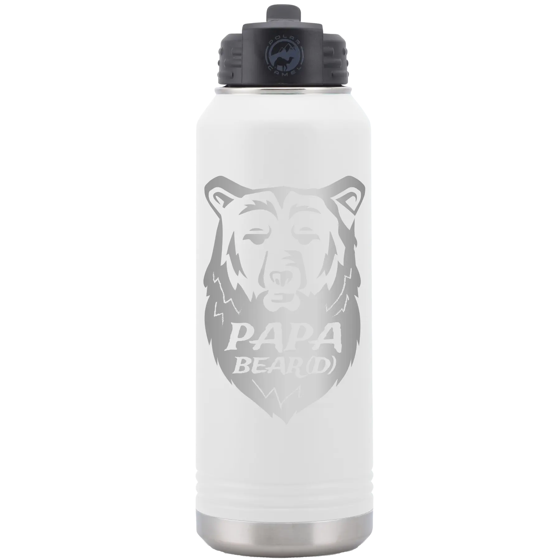 Laser etched white 32 oz vacuum insulated water bottle with 'Papa Beard' design
