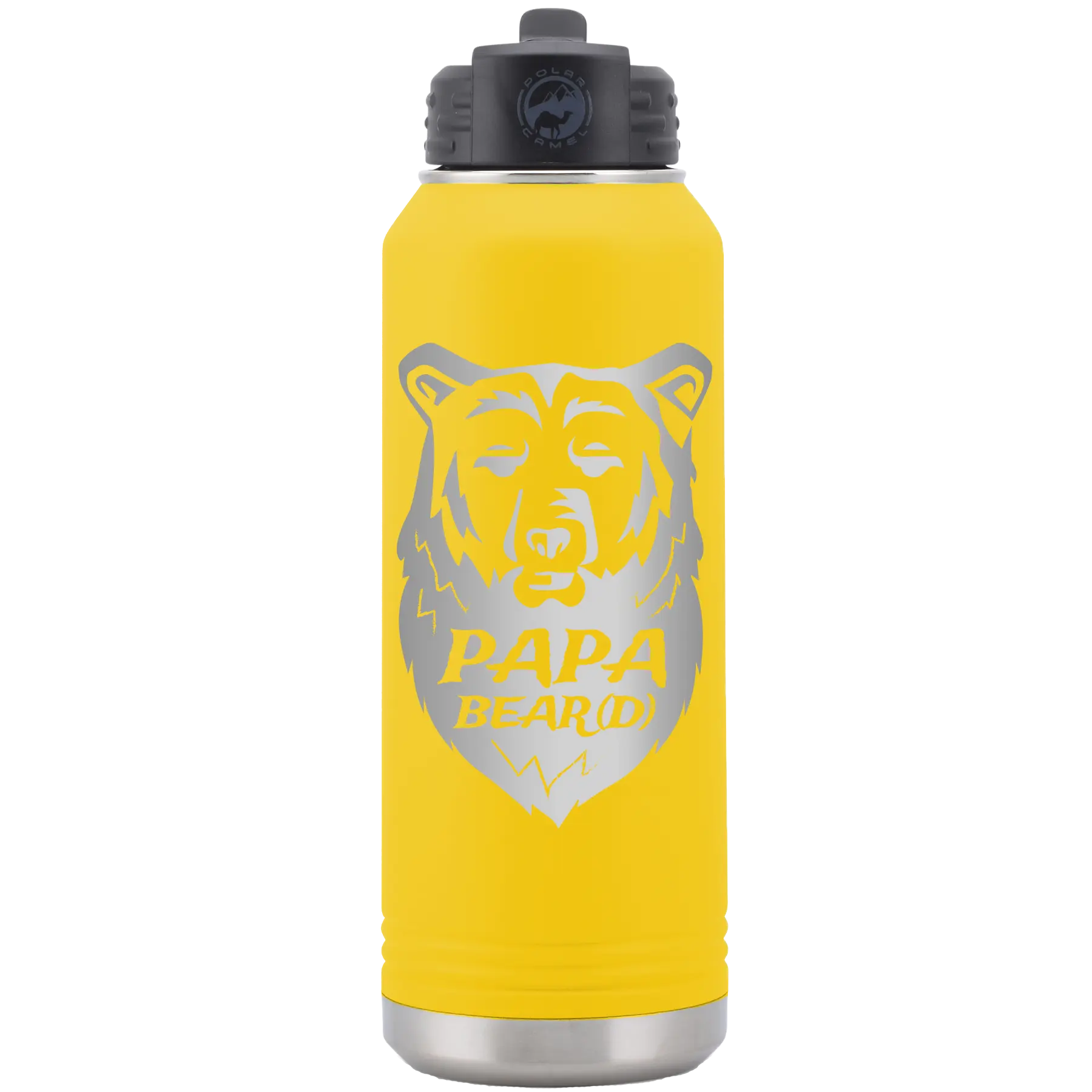 Laser etched yellow 32 oz vacuum insulated water bottle with 'Papa Beard' design