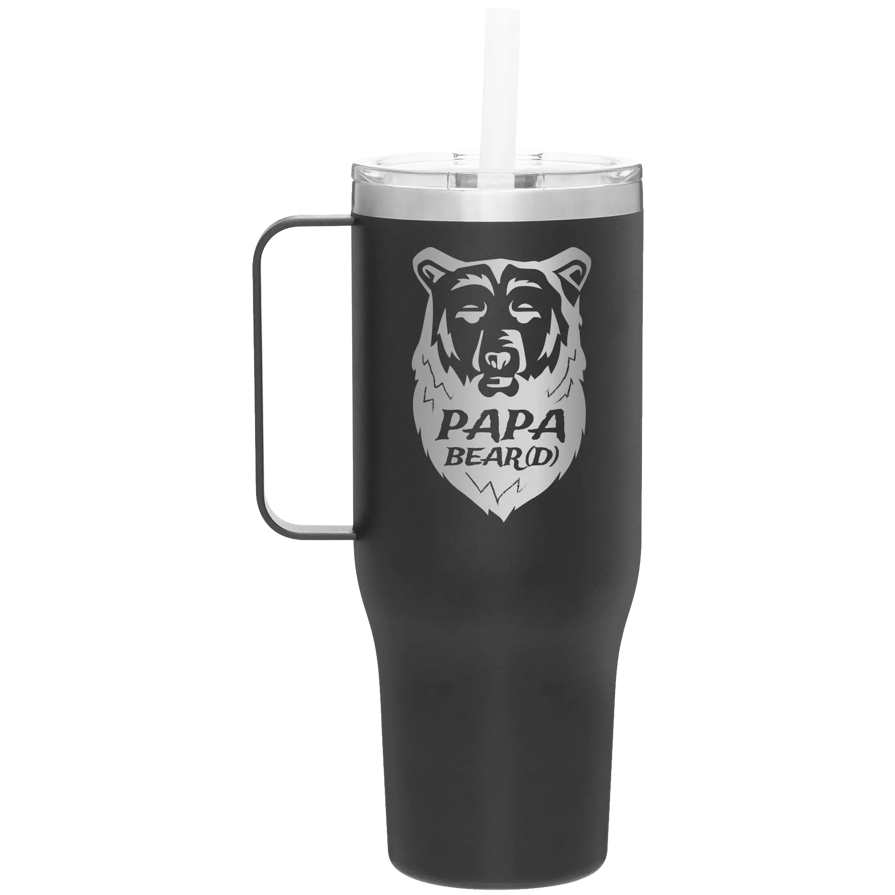 Laser etched black 40 oz vacuum insulated tumbler mug with 'Papa Beard' design