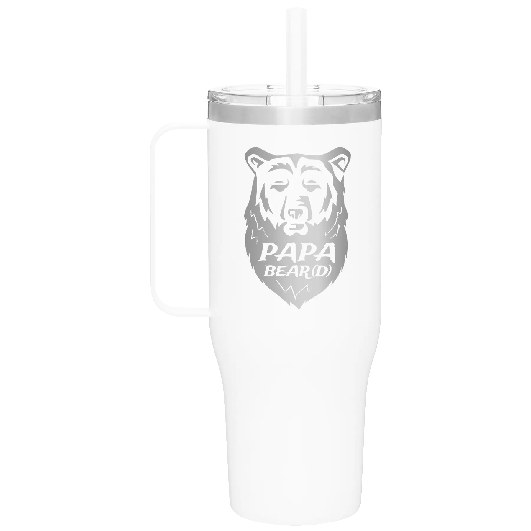 Laser etched white 40 oz vacuum insulated tumbler mug with 'Papa Beard' design