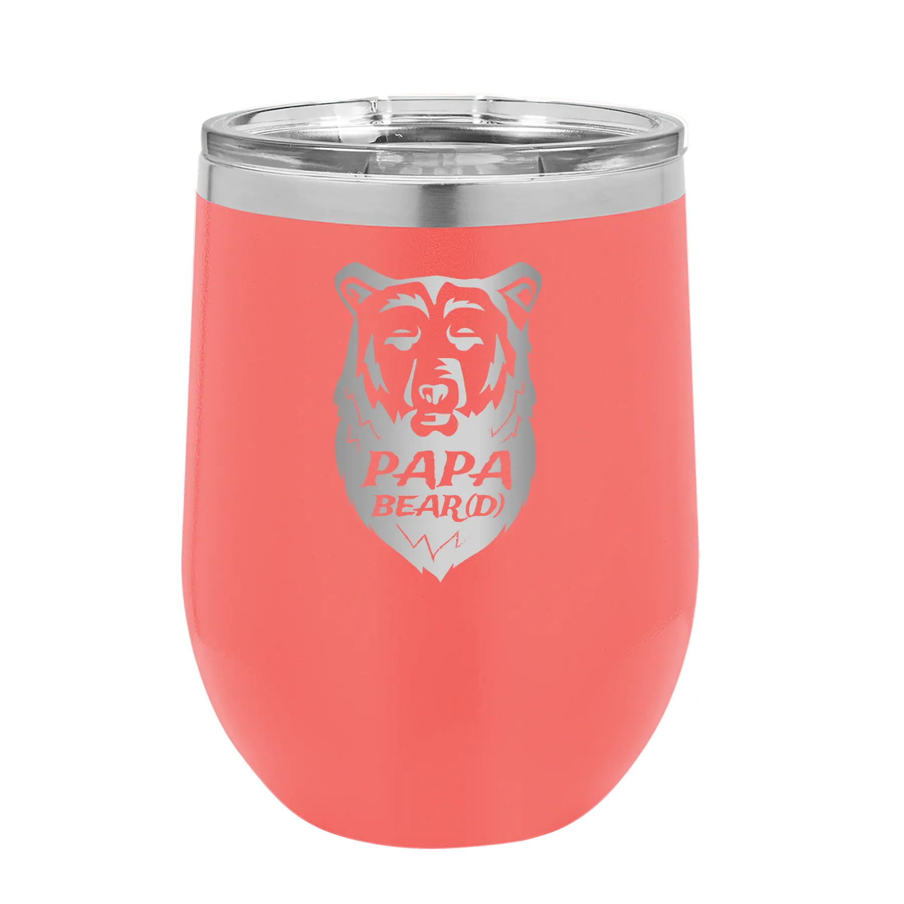 Laser etched coral 12 oz vacuum insulated wine cup with 'Papa Beard' design
