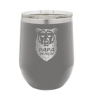 Laser etched dark gray 12 oz vacuum insulated wine cup with 'Papa Beard' design