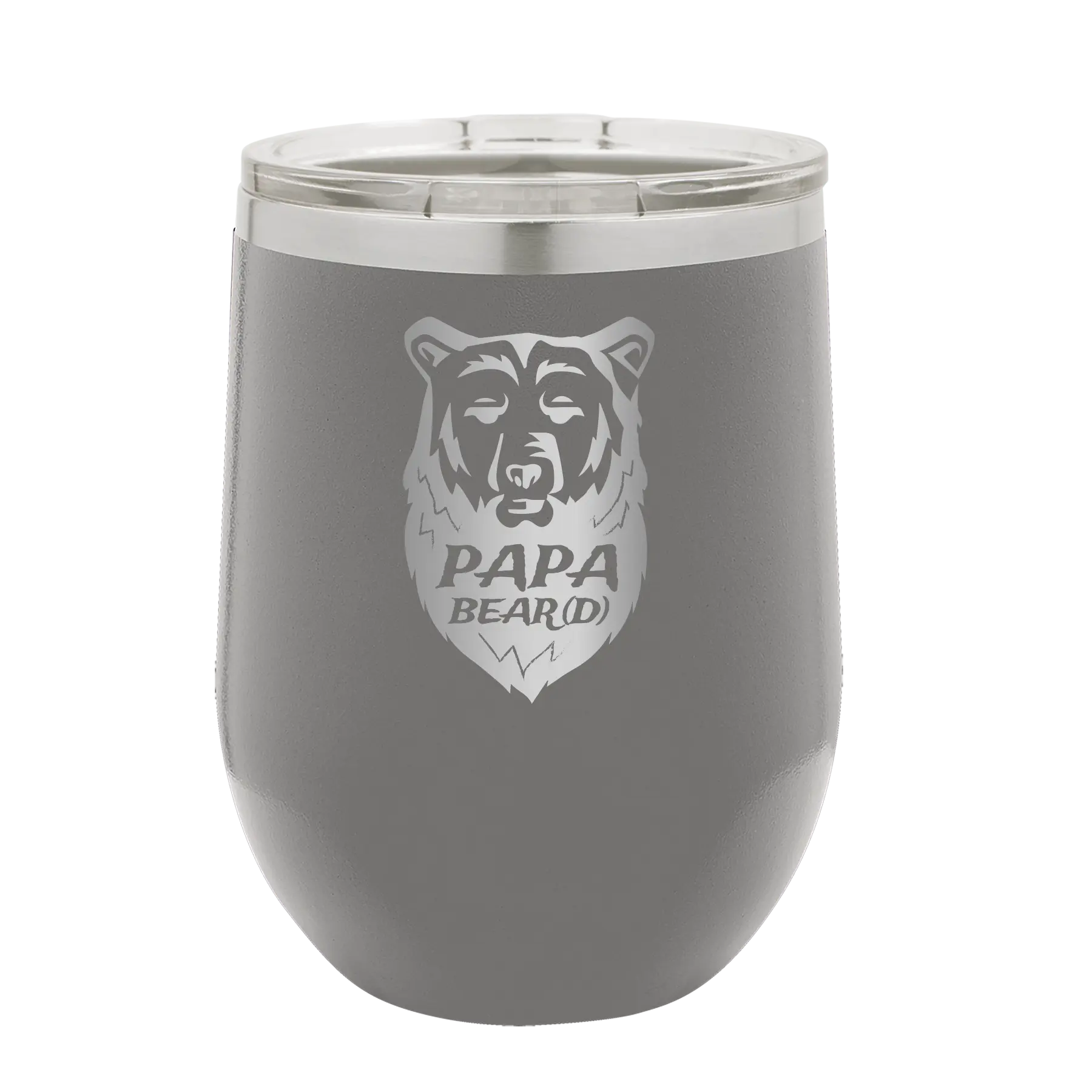 Laser etched dark gray 12 oz vacuum insulated wine cup with 'Papa Beard' design