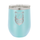 Laser etched light blue 12 oz vacuum insulated wine cup with 'Papa Beard' design