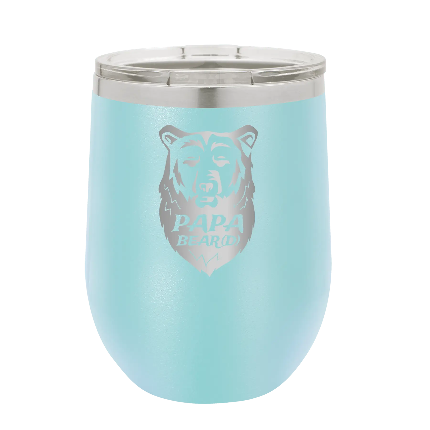 Laser etched light blue 12 oz vacuum insulated wine cup with 'Papa Beard' design