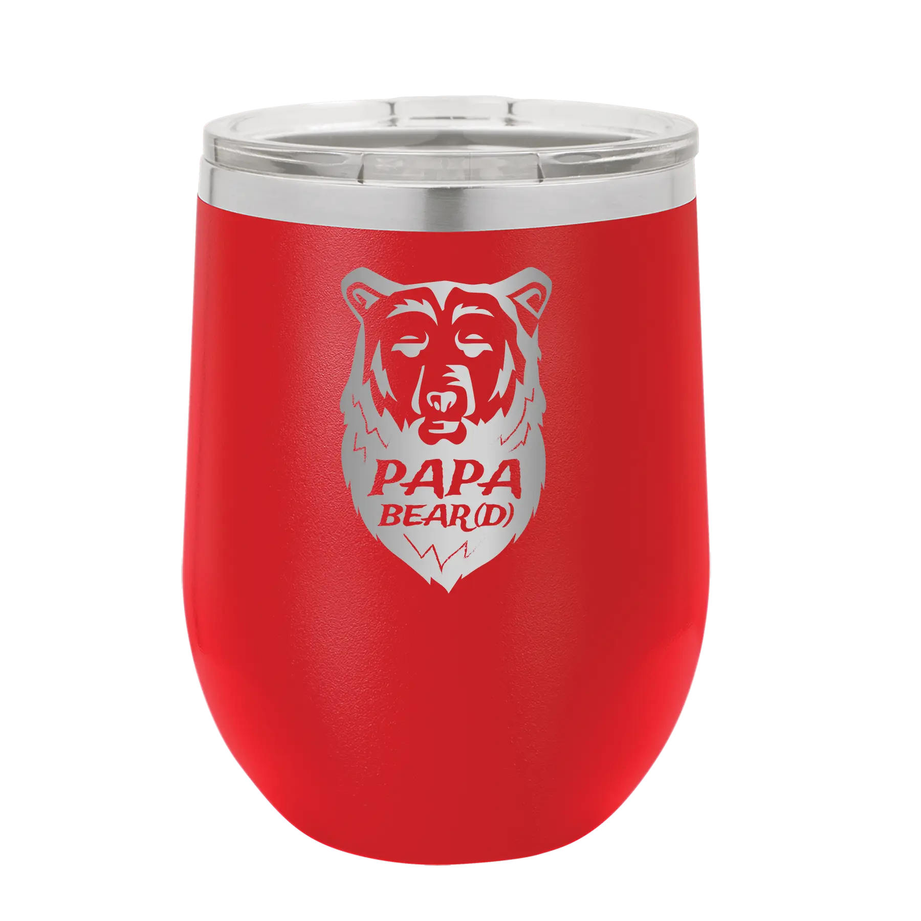 Laser etched red 12 oz vacuum insulated wine cup with 'Papa Beard' design