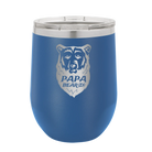 Laser etched royal blue 12 oz vacuum insulated wine cup with 'Papa Beard' design