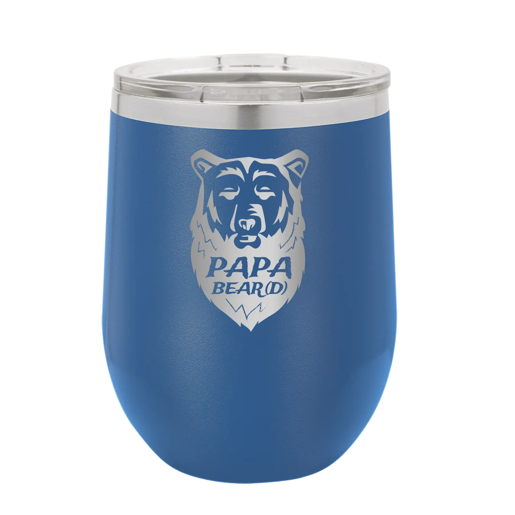 Laser etched royal blue 12 oz vacuum insulated wine cup with 'Papa Beard' design