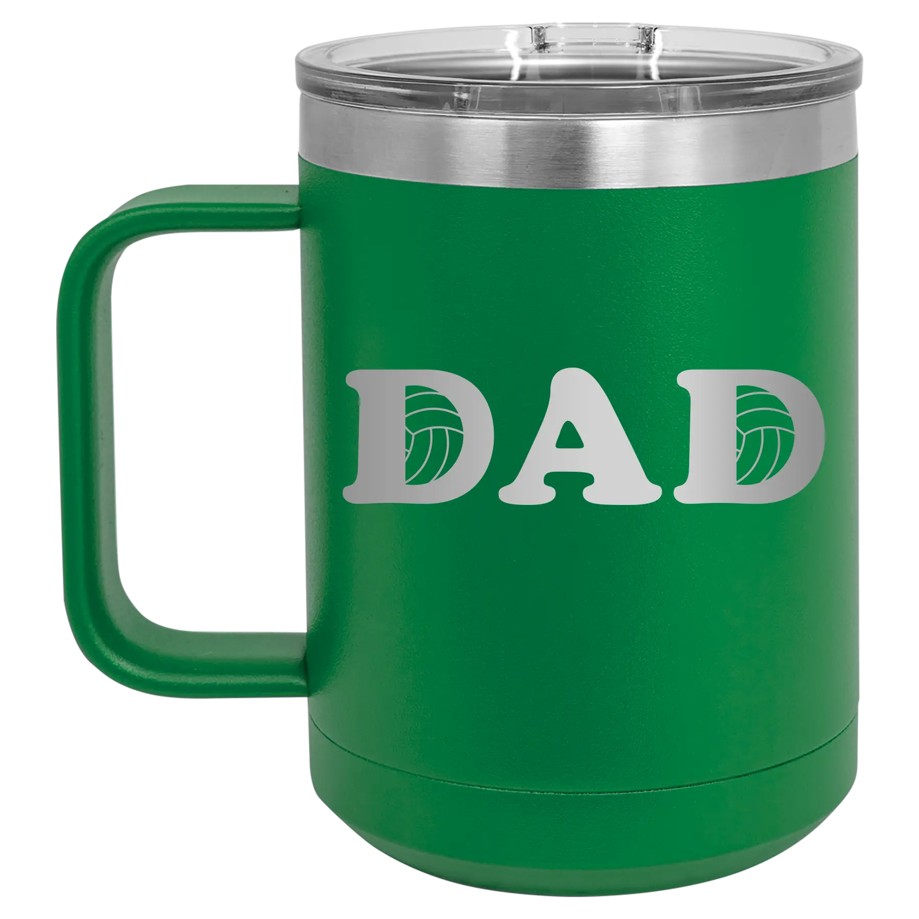 Laser etched green 15 oz vacuum insulated coffee mug with 'Volleyball Dad' design
