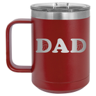 Laser etched maroon 15 oz vacuum insulated coffee mug with 'Volleyball Dad' design