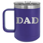 Laser etched purple 15 oz vacuum insulated coffee mug with 'Volleyball Dad' design