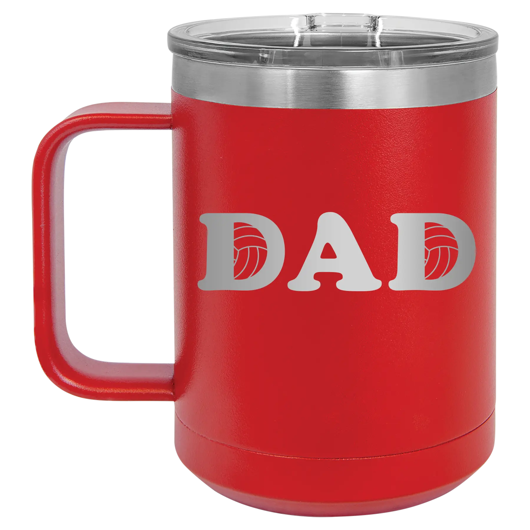 Laser etched red 15 oz vacuum insulated coffee mug with 'Volleyball Dad' design