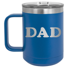 Laser etched royal blue 15 oz vacuum insulated coffee mug with 'Volleyball Dad' design