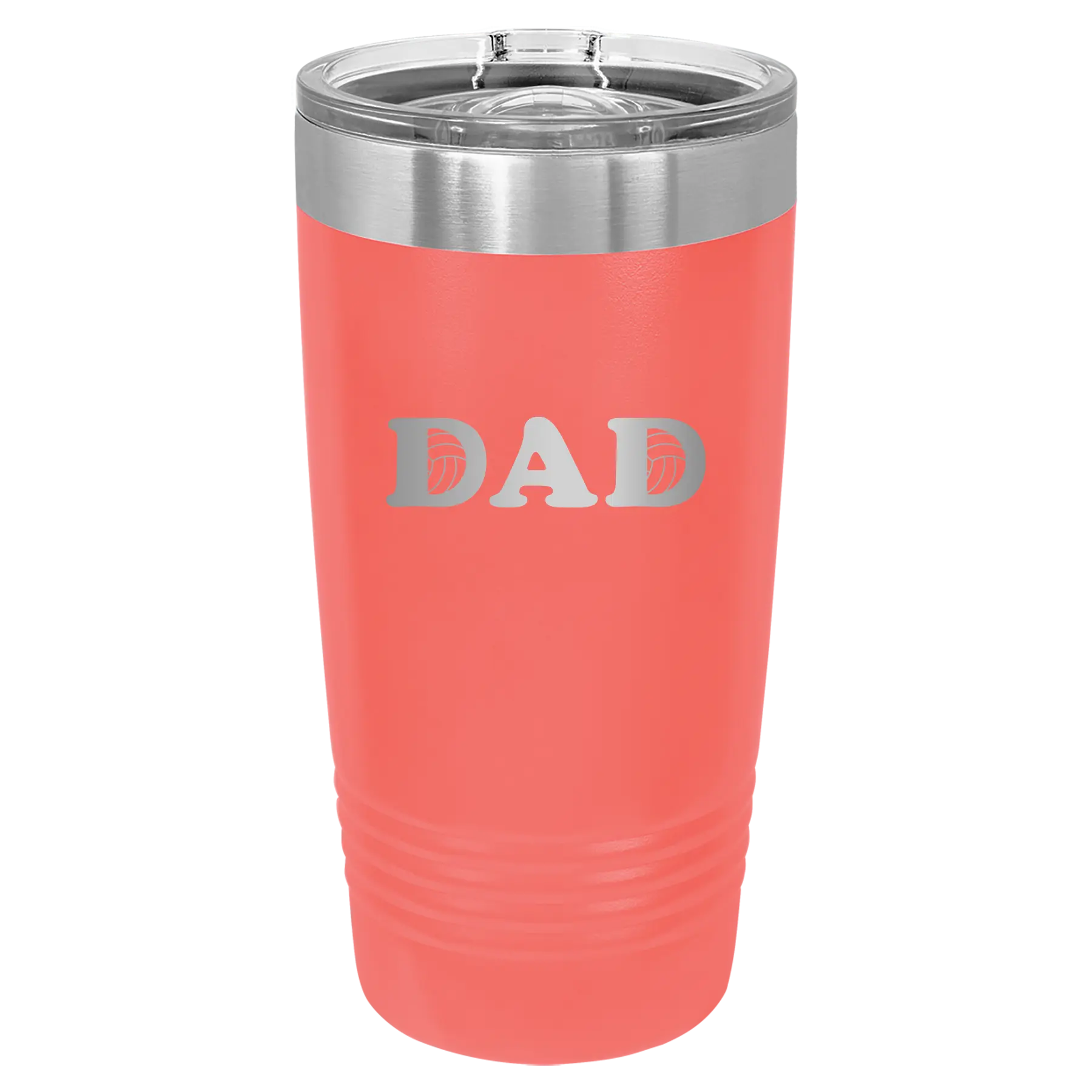 Laser etched coral 20 oz vacuum insulated tumbler with 'Volleyball Dad' design