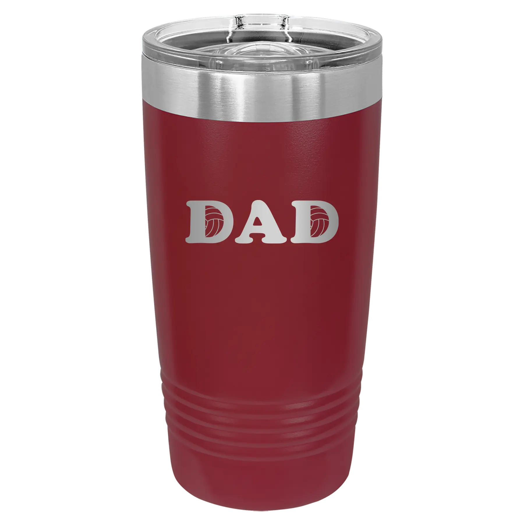 Laser etched maroon 20 oz vacuum insulated tumbler with 'Volleyball Dad' design