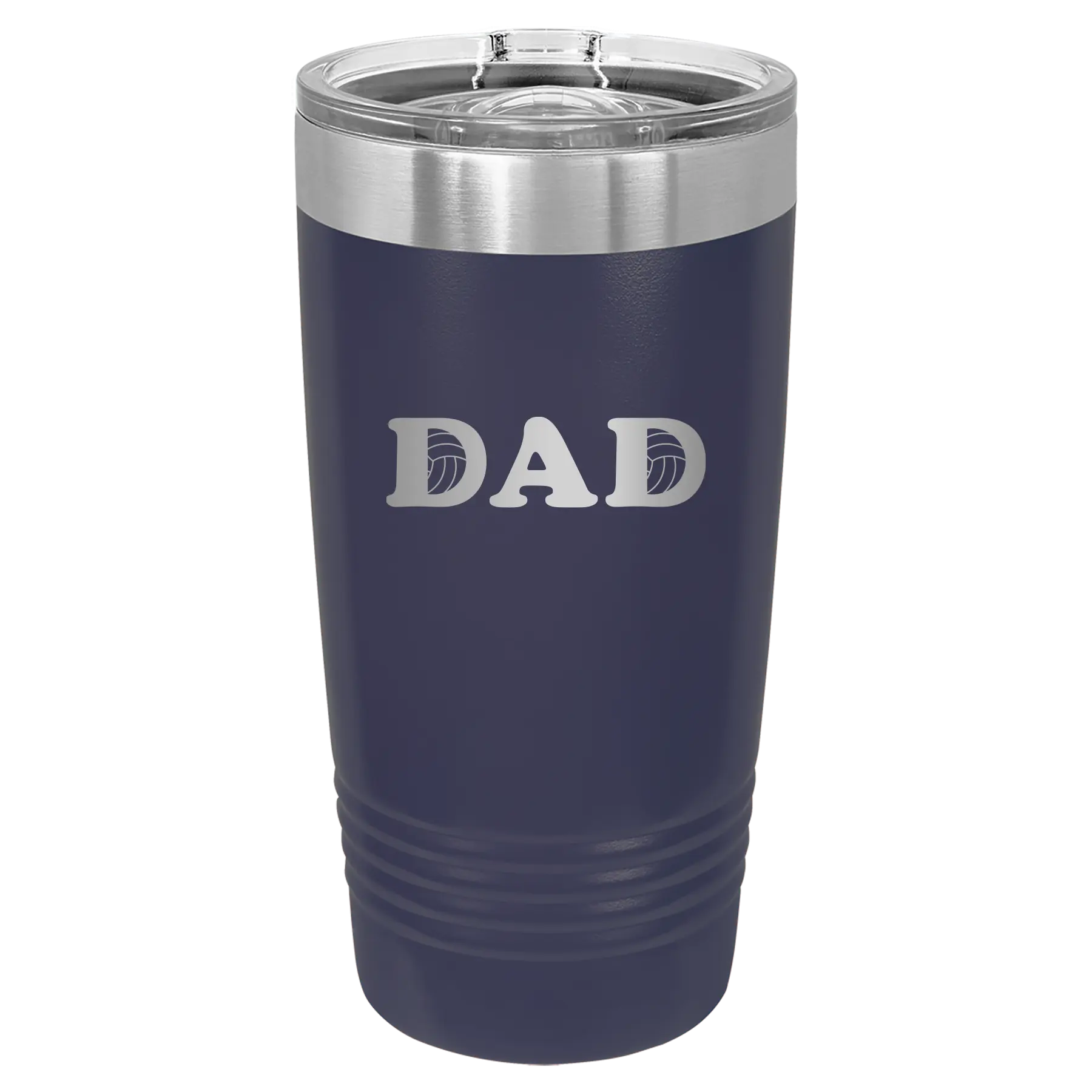 Laser etched navy 20 oz vacuum insulated tumbler with 'Volleyball Dad' design