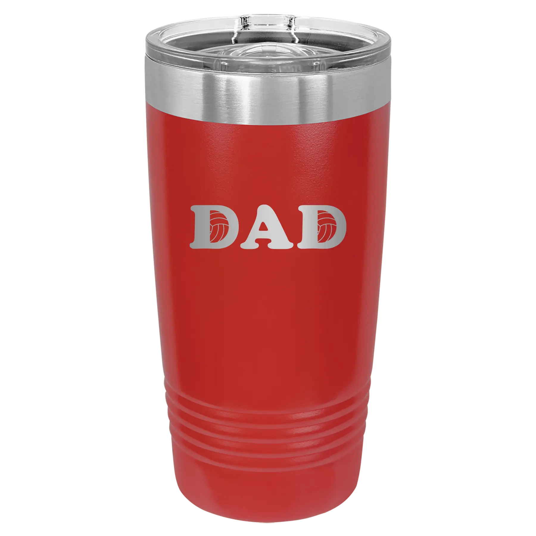 Laser etched red 20 oz vacuum insulated tumbler with 'Volleyball Dad' design