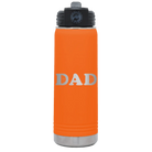 Laser etched orange 20 oz vacuum insulated water bottle with 'Volleyball Dad' design