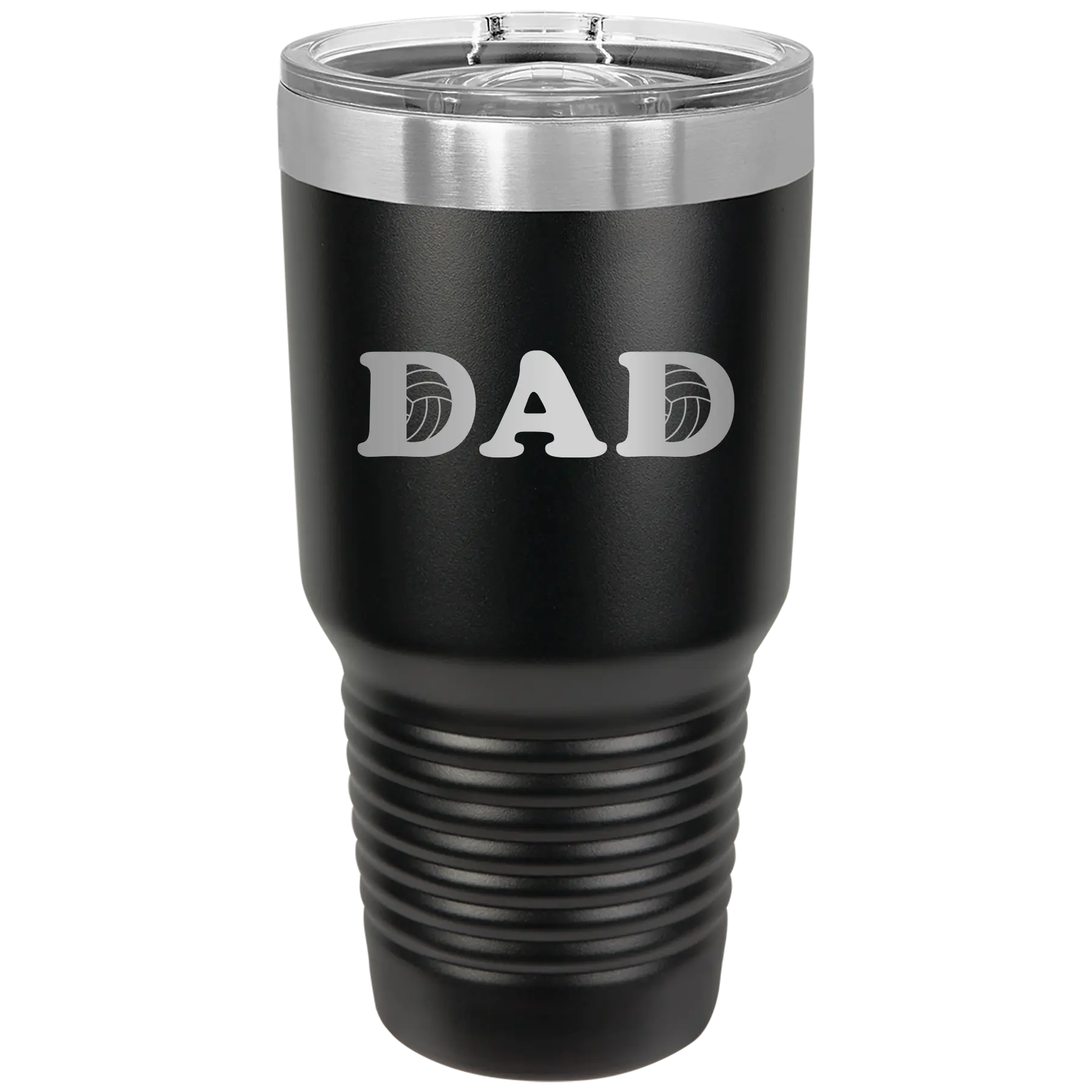 Laser etched black 30 oz vacuum insulated tumbler with 'Volleyball Dad' design