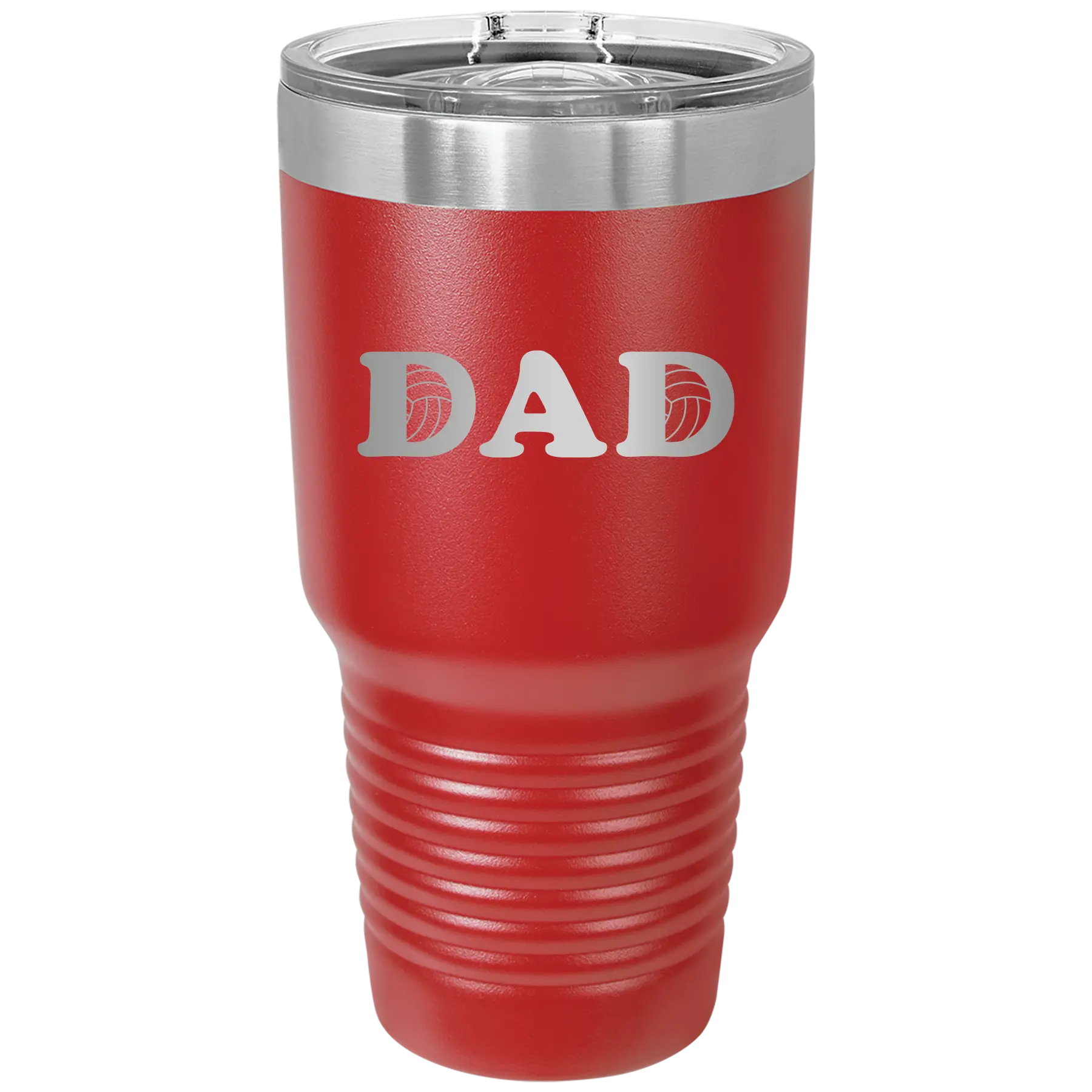 Laser etched red 30 oz vacuum insulated tumbler with 'Volleyball Dad' design