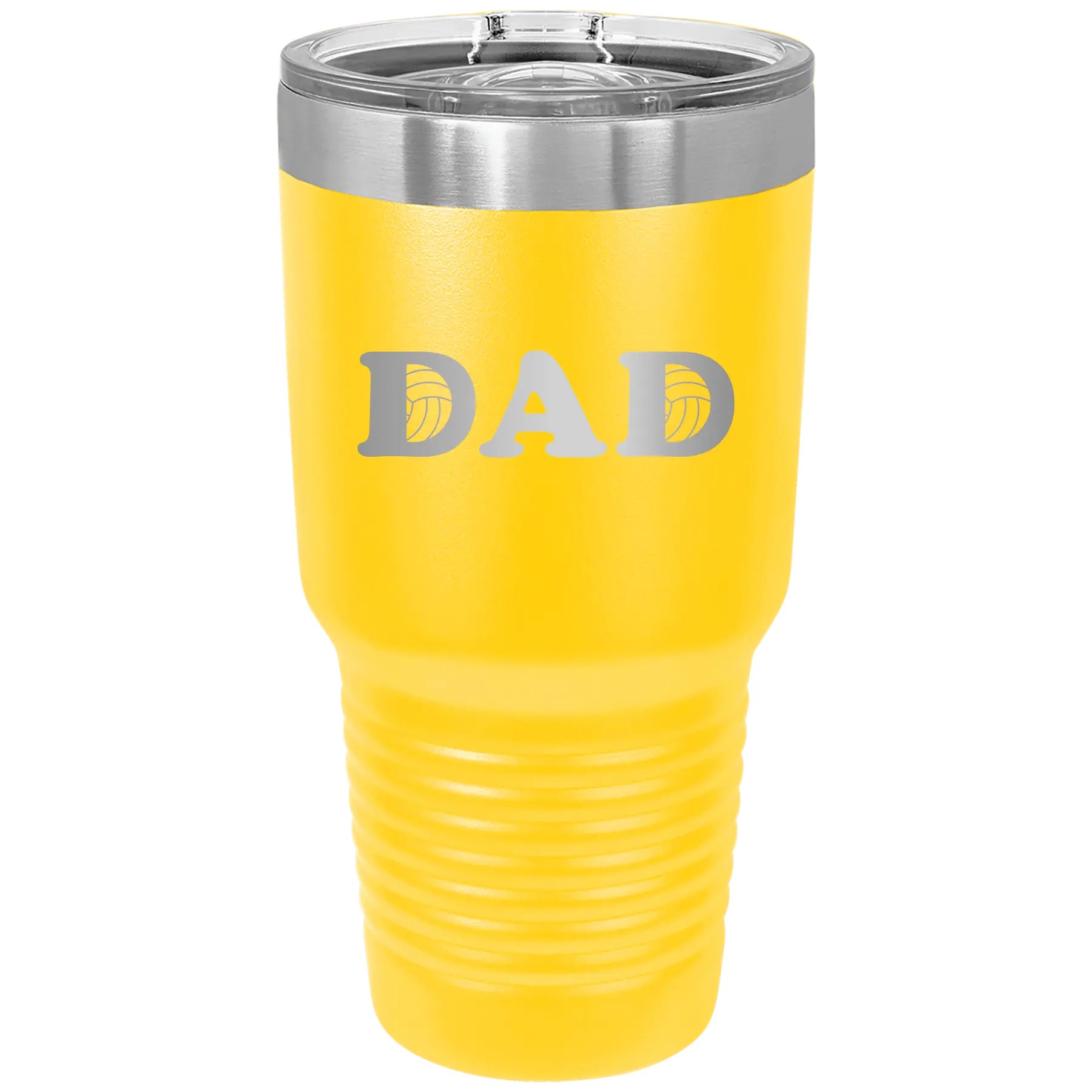 Laser etched yellow 30 oz vacuum insulated tumbler with 'Volleyball Dad' design
