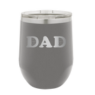 Laser etched dark gray 12 oz vacuum insulated wine cup with 'Volleyball Dad' design