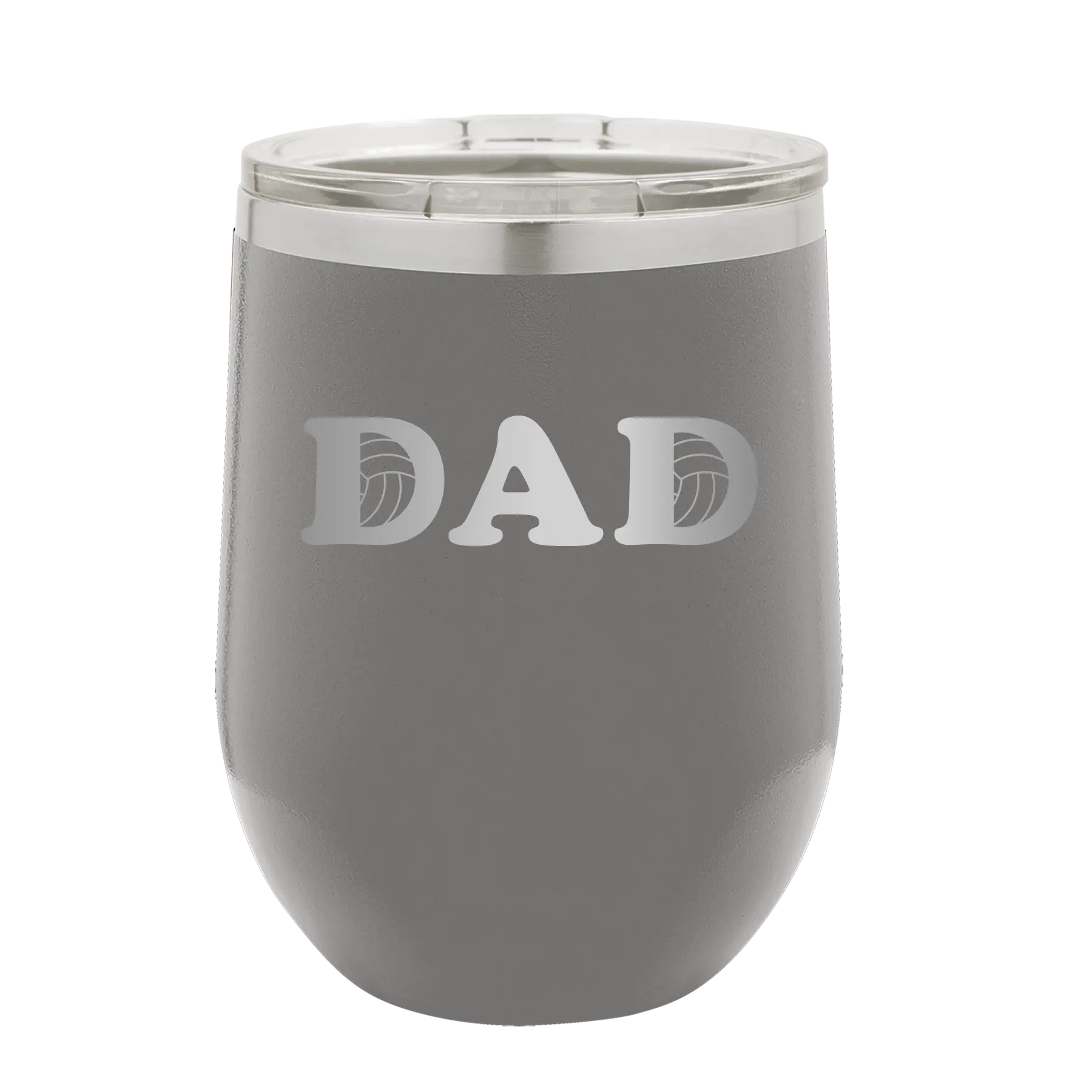 Laser etched dark gray 12 oz vacuum insulated wine cup with 'Volleyball Dad' design