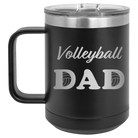 Laser etched black 15 oz vacuum insulated coffee mug with 'Volleyball Dad2' design