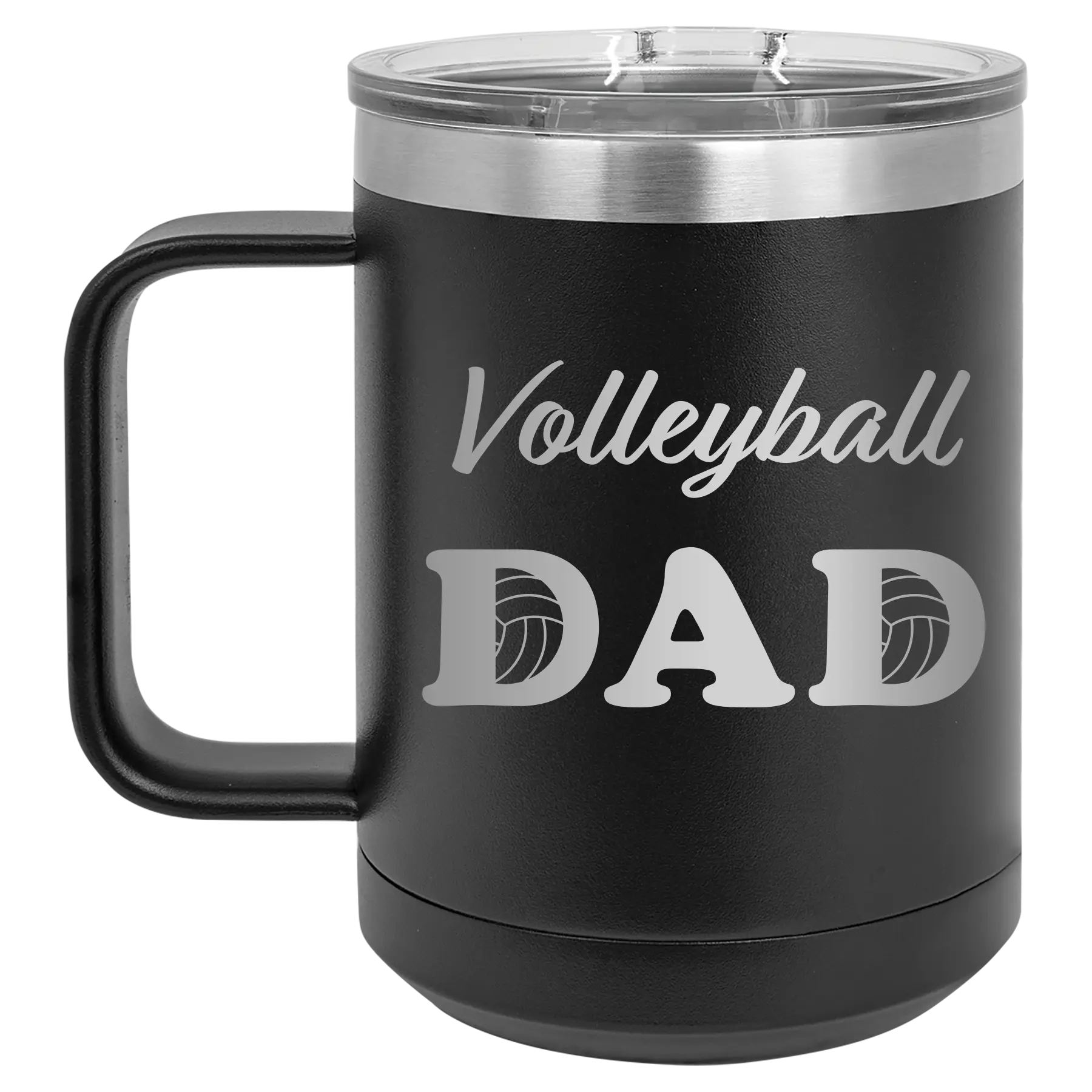 Laser etched black 15 oz vacuum insulated coffee mug with 'Volleyball Dad2' design