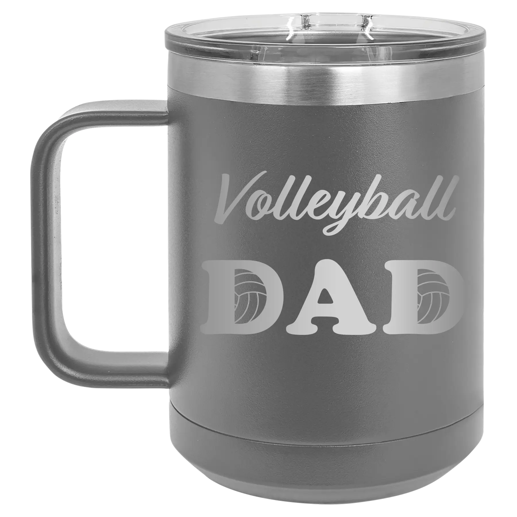 Laser etched dark gray 15 oz vacuum insulated coffee mug with 'Volleyball Dad2' design