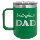 Laser etched green 15 oz vacuum insulated coffee mug with 'Volleyball Dad2' design